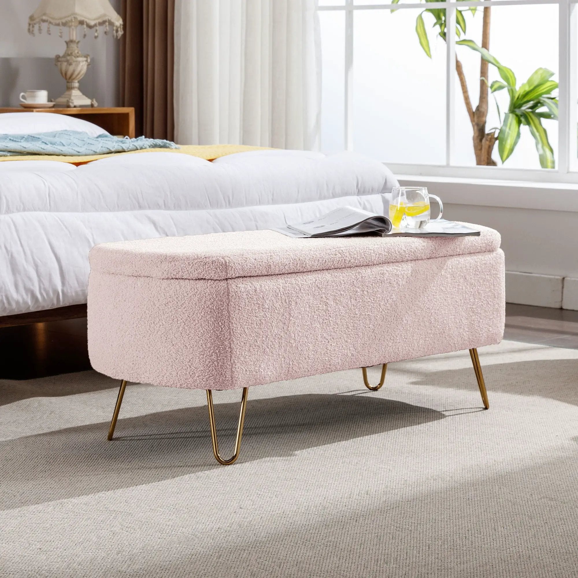 Storage Ottoman Bench For End Of Bed Legs, Modern Camel Faux Fur Entryway Bench Upholstered Padded With Storage For Living Room Bedroom by Unique Piece Furniture