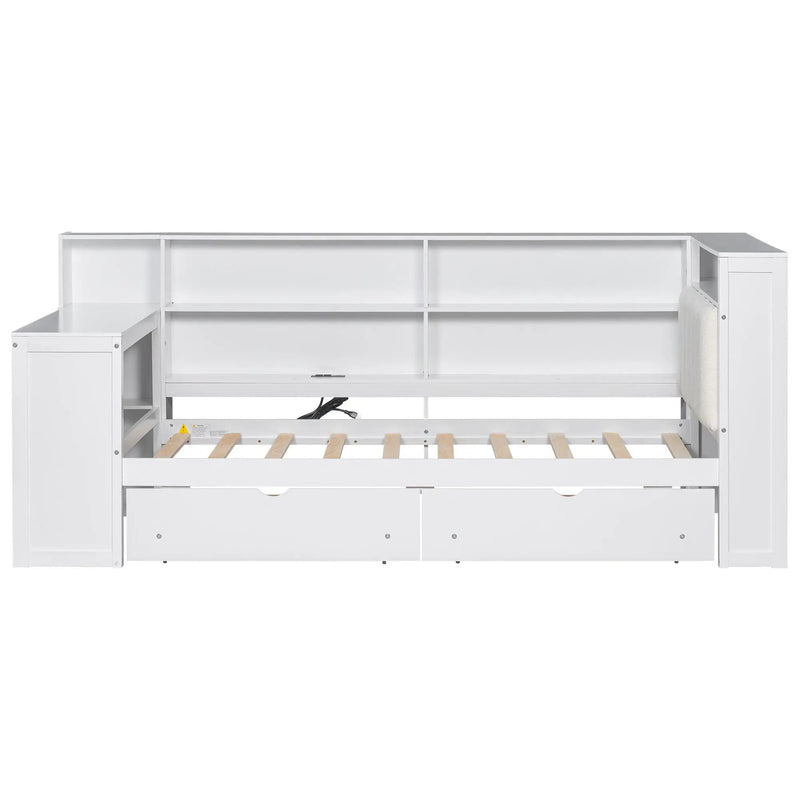 Platform Bed With Upholstered Headboard, Storage Shelves, Drawers, Charging Station, LED Lighting, Built In Desk by HouseOfZazla