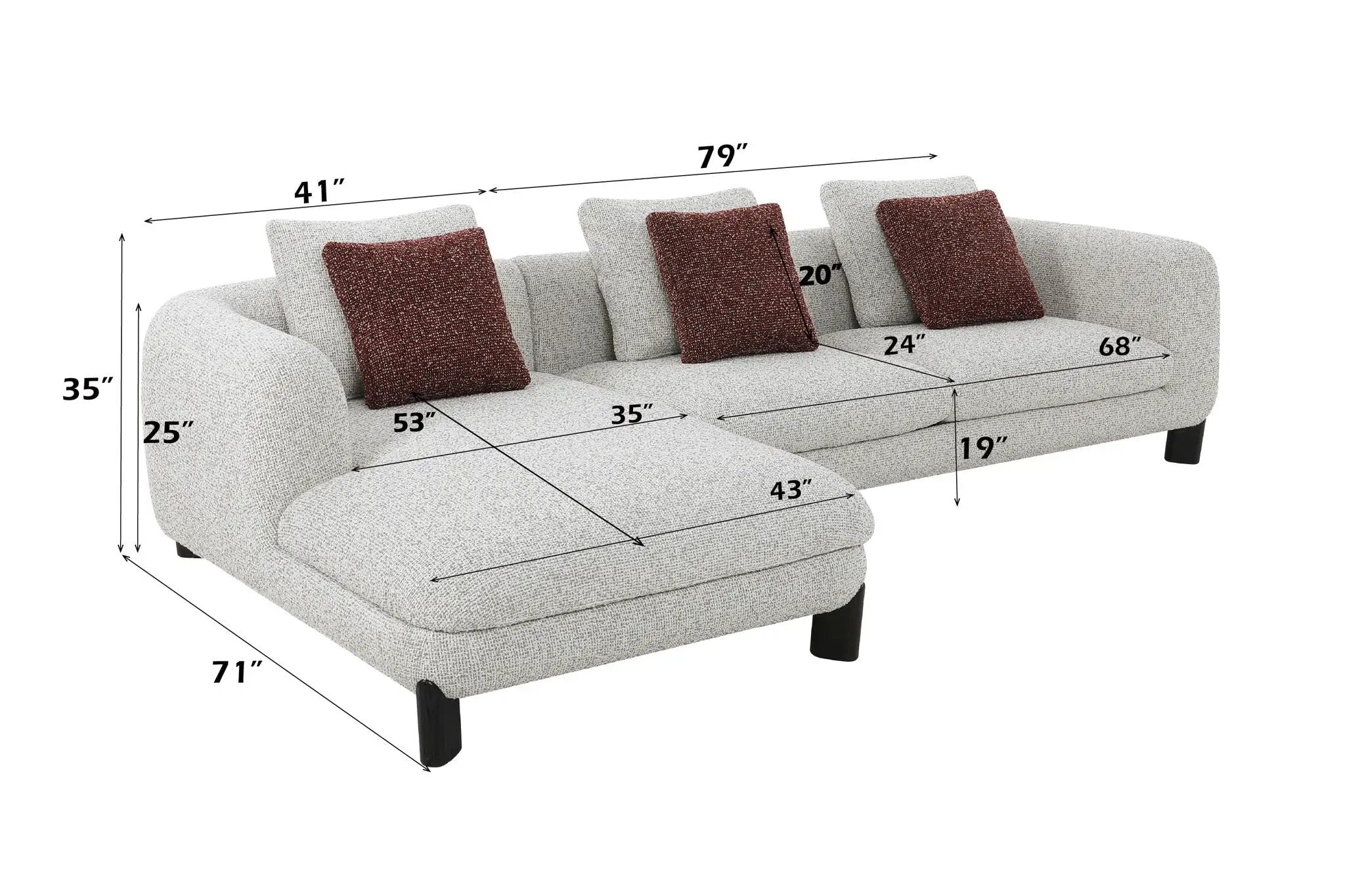 Mardi Tweed Sectional Sofa With 3 Pillows - Maroon / Beige by HouseOfZazla