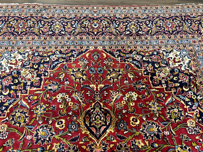 Persian Kashan Rug 9x12, Red Navy Blue, Allover Floral Medallion & Corner Design, Handmade Wool Oriental Carpet, Semi Antique Traditional Carpet by Jewel Rugs