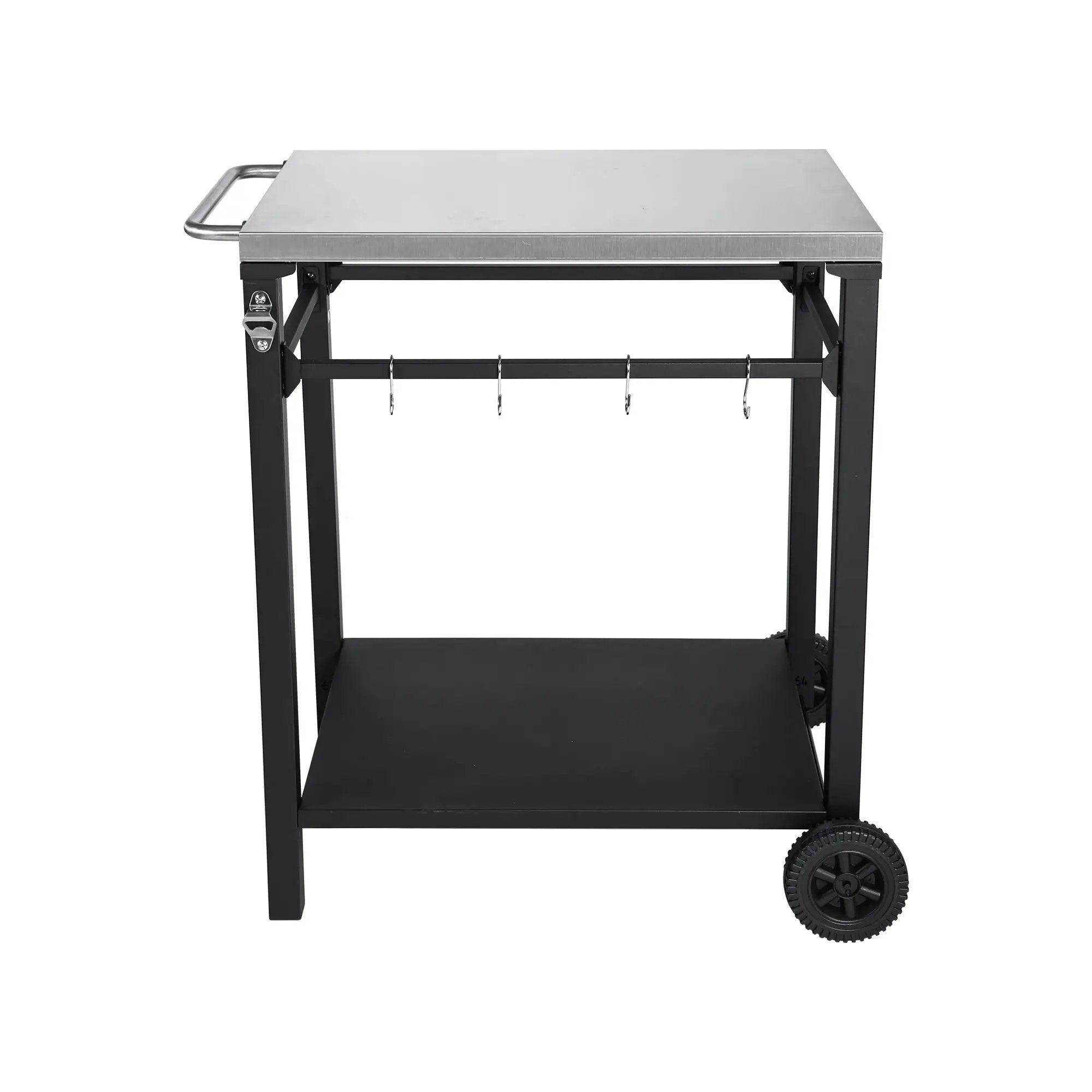 2-Tier Outdoor Grill Cart with Stainless Steel Top, Large Wheels & Tool Hooks by HouseOfZazla