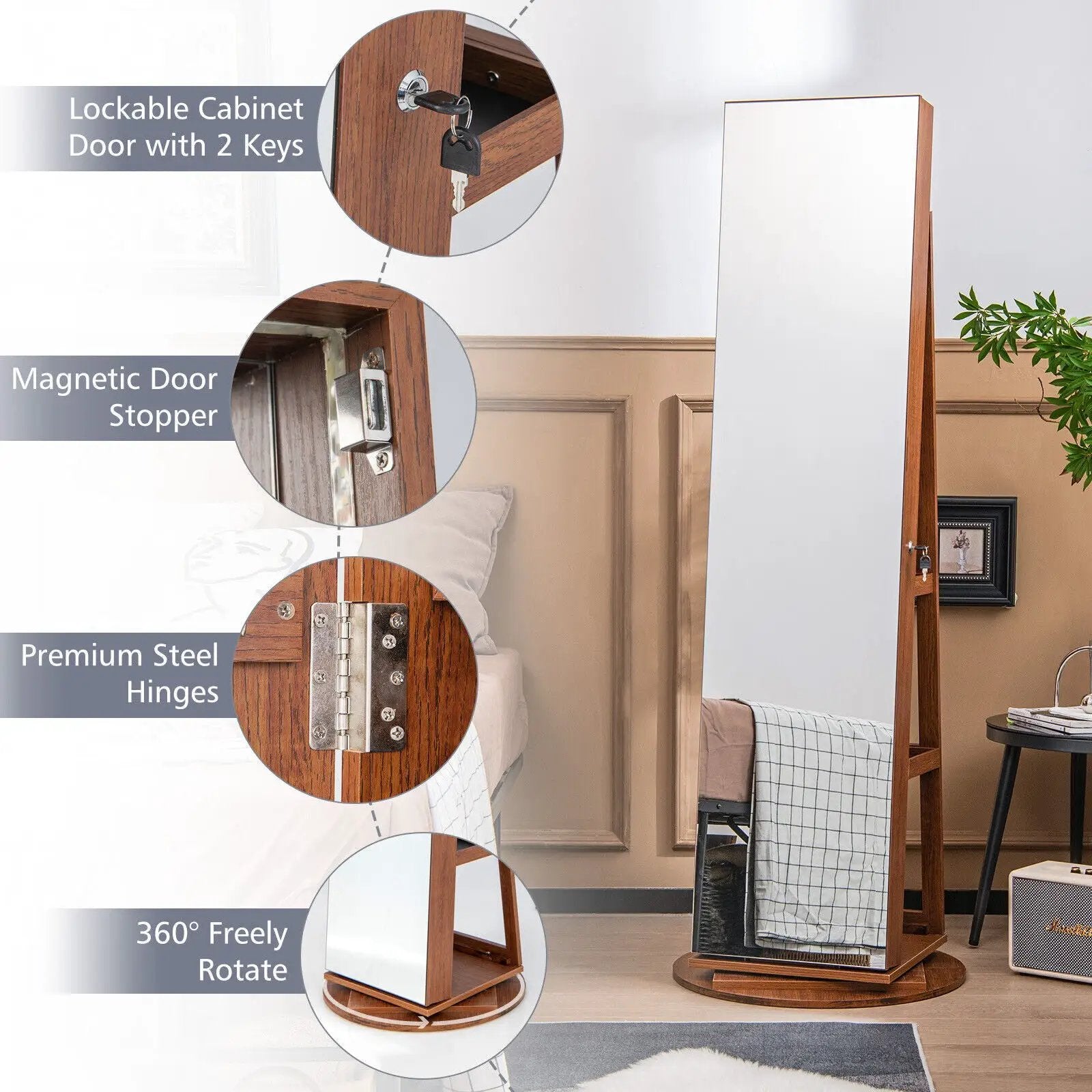 360° Rotating Mirrored Jewelry Cabinet Armoire 3 Color LED Modes Lockable by DirectDeals