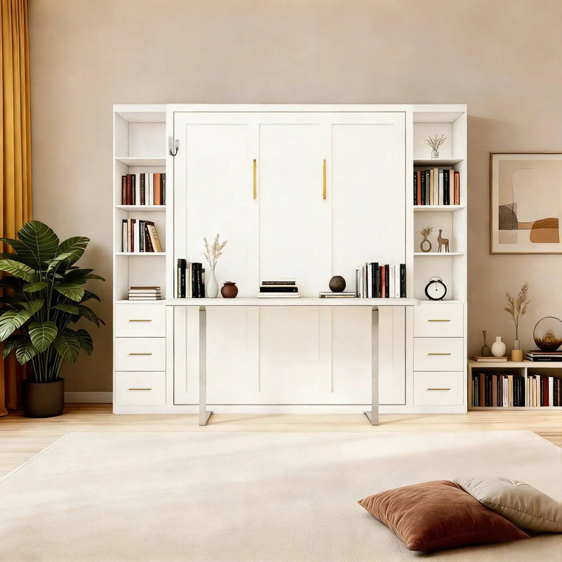 Queen Size Murphy Wall Bed With Side Storage Cabinets - White by HouseOfZazla