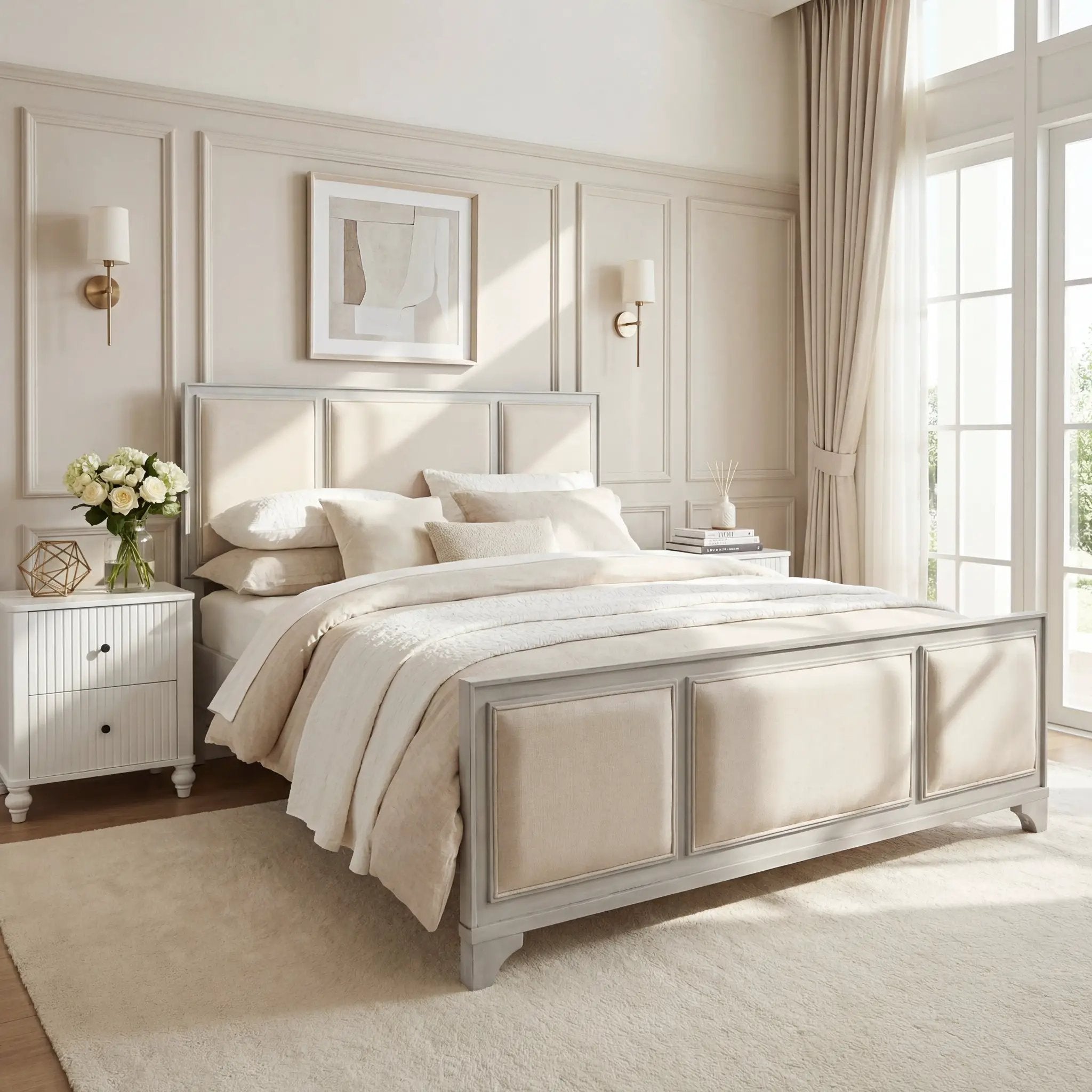 Queen Size Wooden Bed Frame with Upholstered Headboard by HouseOfZazla