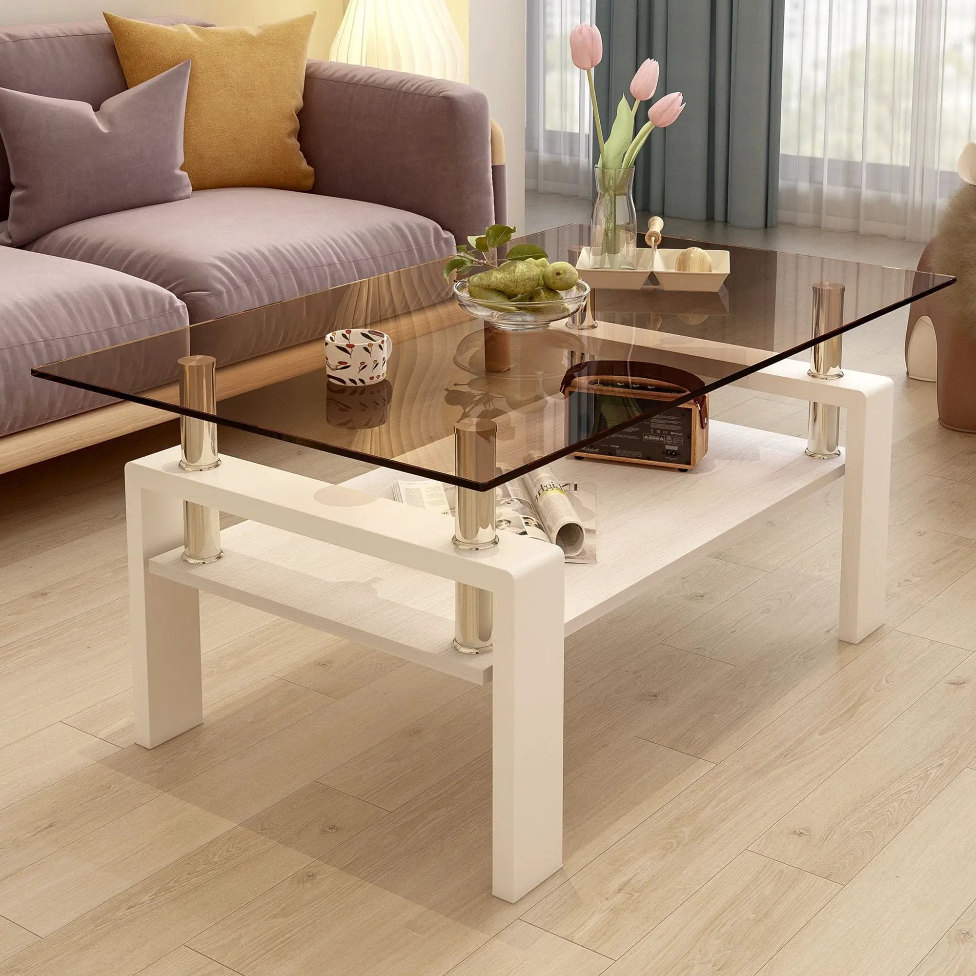 Modern Rectangular Coffee Table With Tempered Transparent Glass Top And Storage Shelf by Unique Piece Furniture