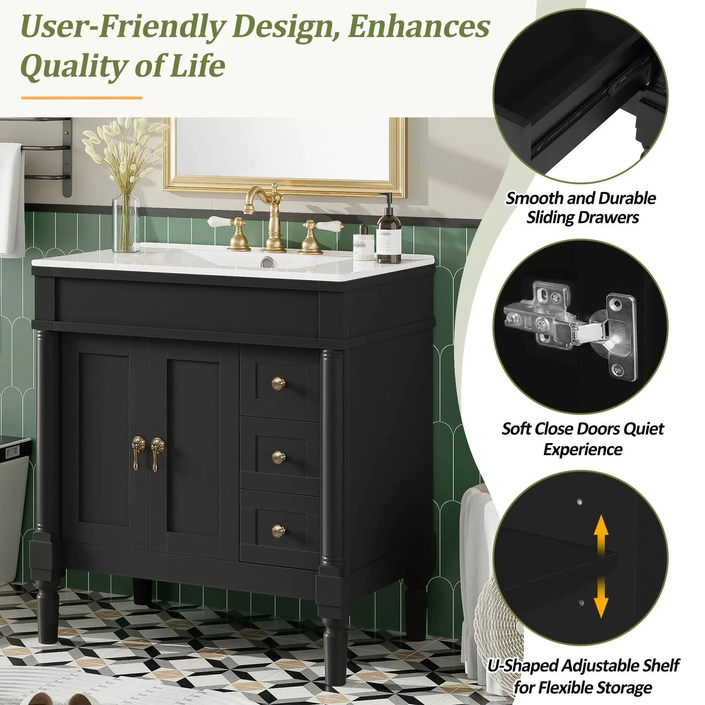 Bathroom Vanity With Ceramic Sink, 2 Doors 3 Drawers, Soft Close Design by Unique Piece Furniture