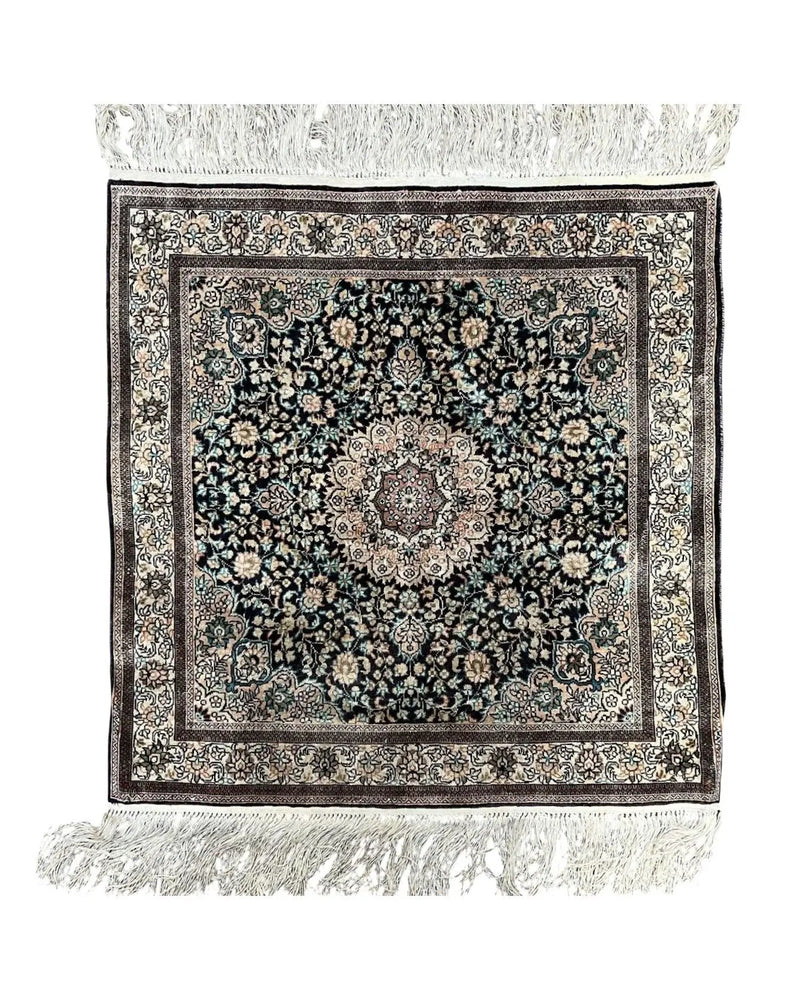 Sino Persian Silk Rug 2x2 ft, Very Fine High KPSI Small Silk Oriental Carpet, Hand-Knotted, Medallion, Vintage Silk Rug, Black Ivory/Cream by Jewel Rugs