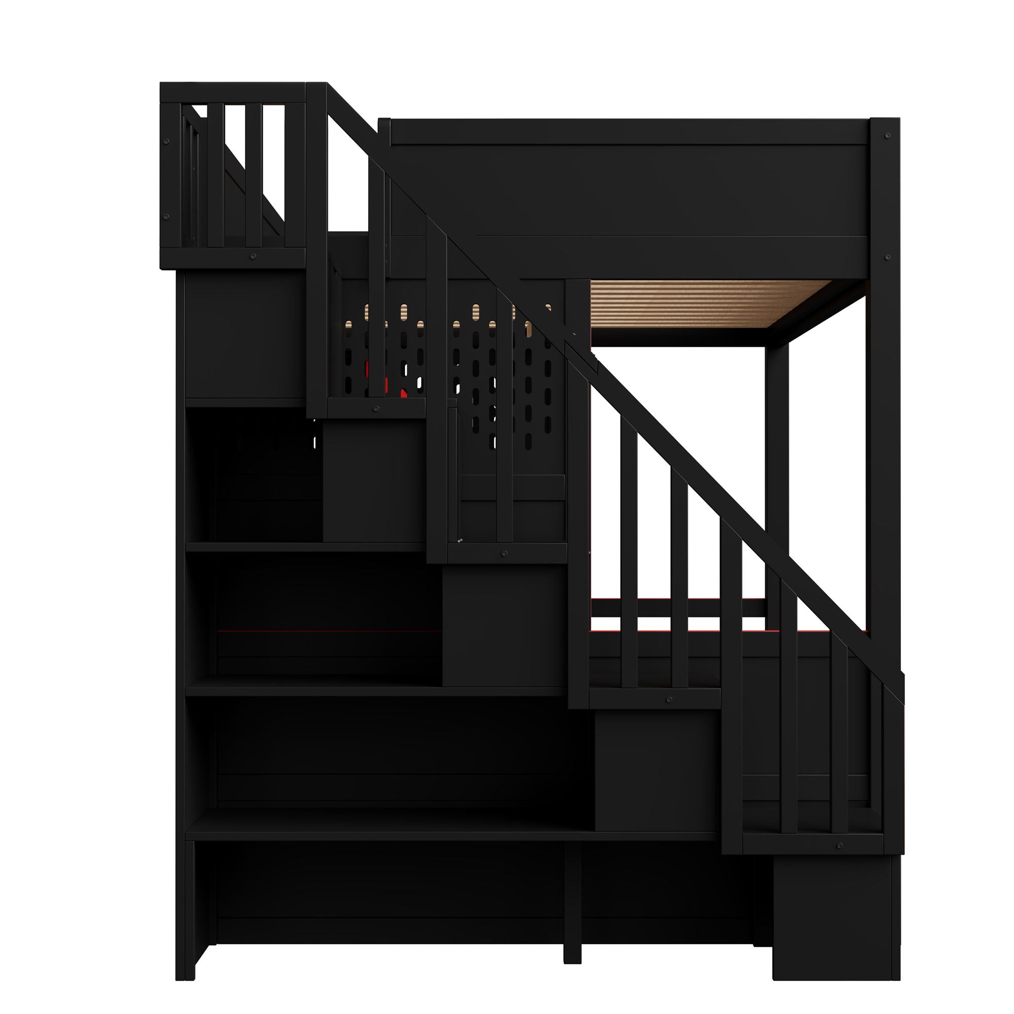 Full Gaming Loft Bed With Desk And Storage Staircase, LED Lights And USB - Red / Black by HouseOfZazla