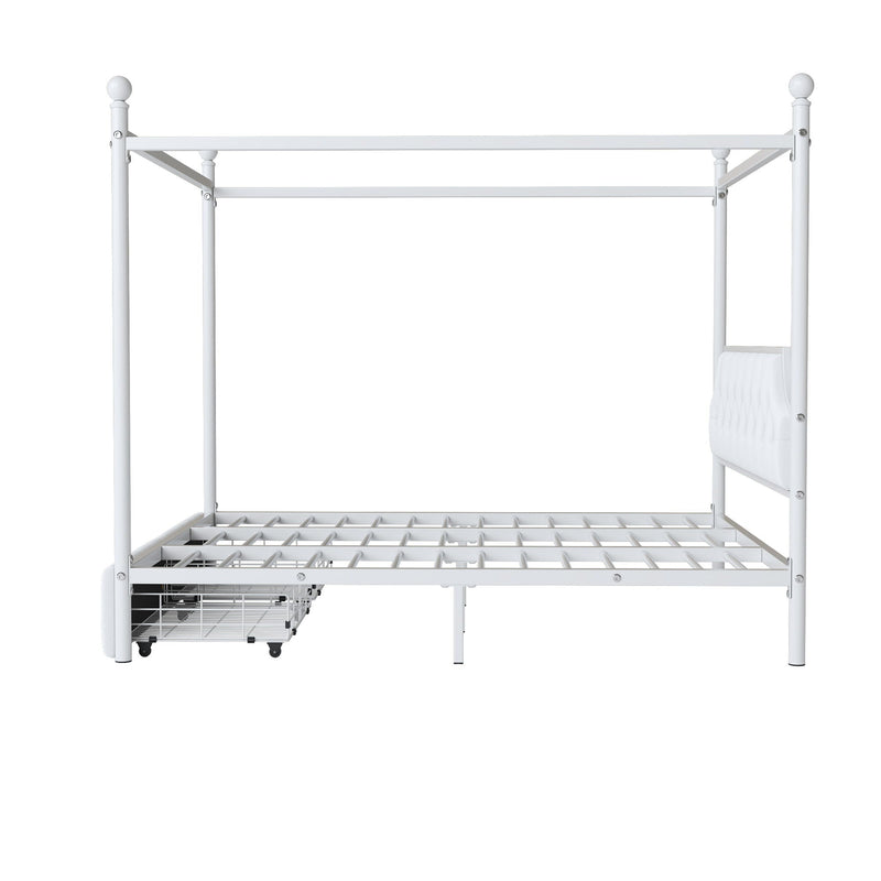 Queen Size Canopy Platform Bed With Upholstered Headboard And 2 Storage Drawers - White by HouseOfZazla