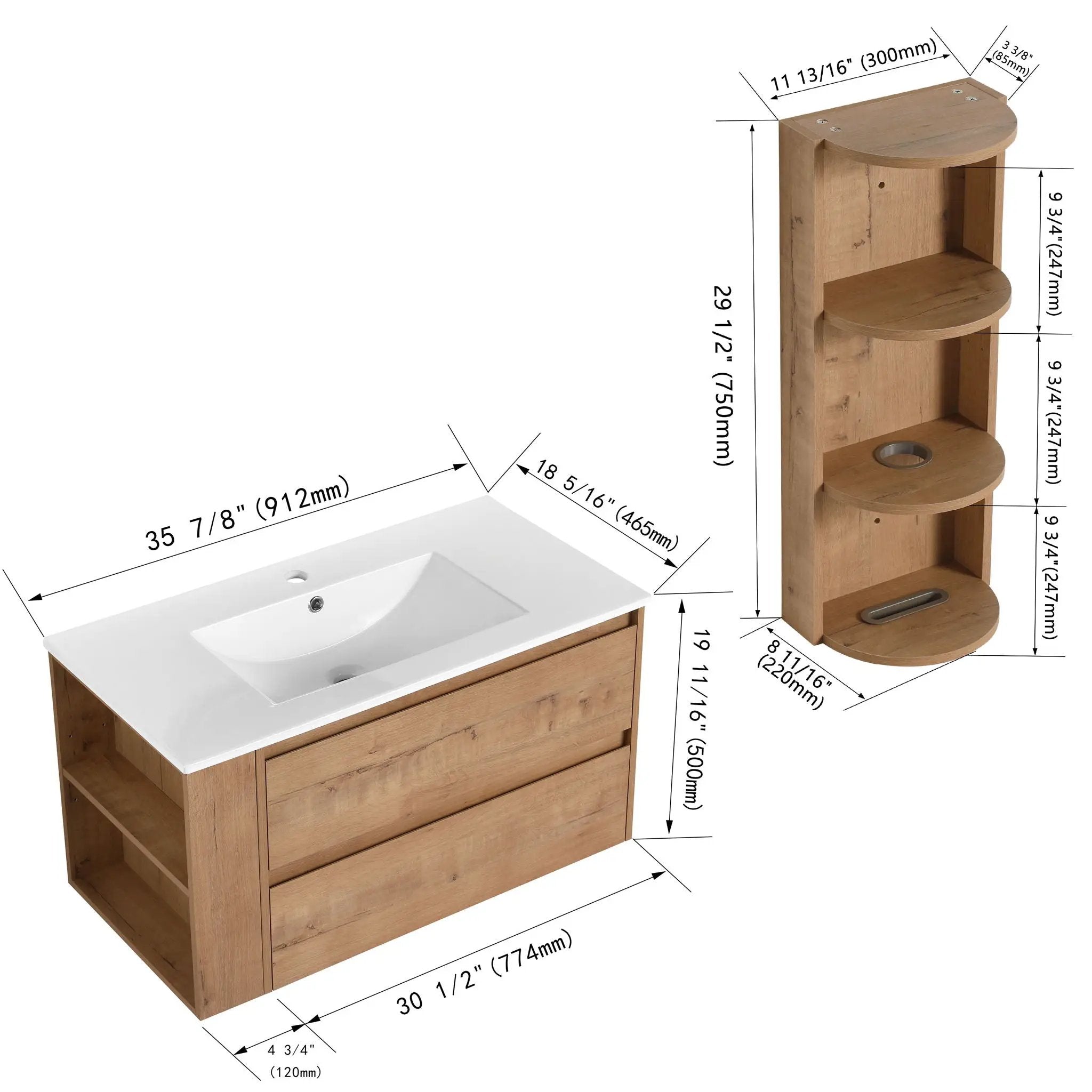 Modern Wall Mounted Bathroom Vanity With Ceramic Sink And Storage Rack, 2 Soft Close Drawers by Unique Piece Furniture