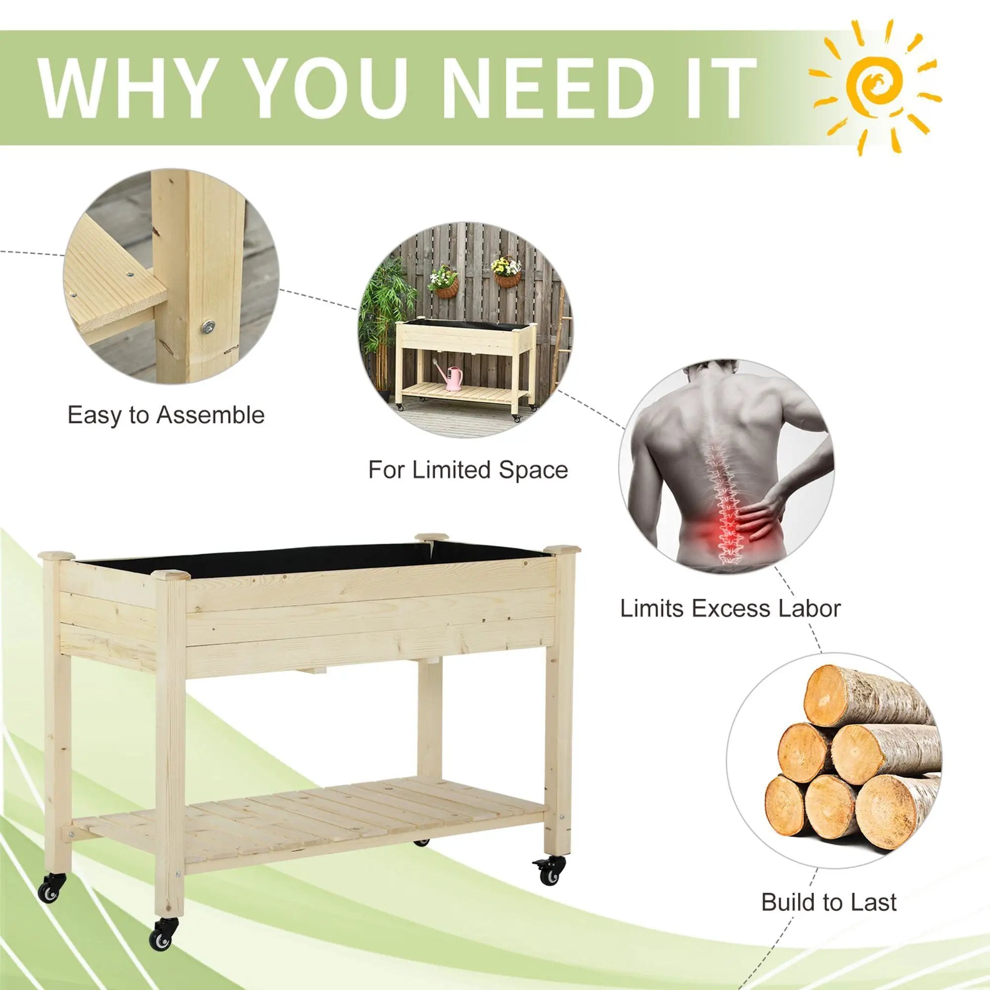 Outsunny - Raised Garden Bed, 47" x 22" x 33", Elevated Wooden Planter Box With Lockable Wheels, Storage Shelf, And Bed Liner For Backyard, Patio - Natural by HouseOfZazla