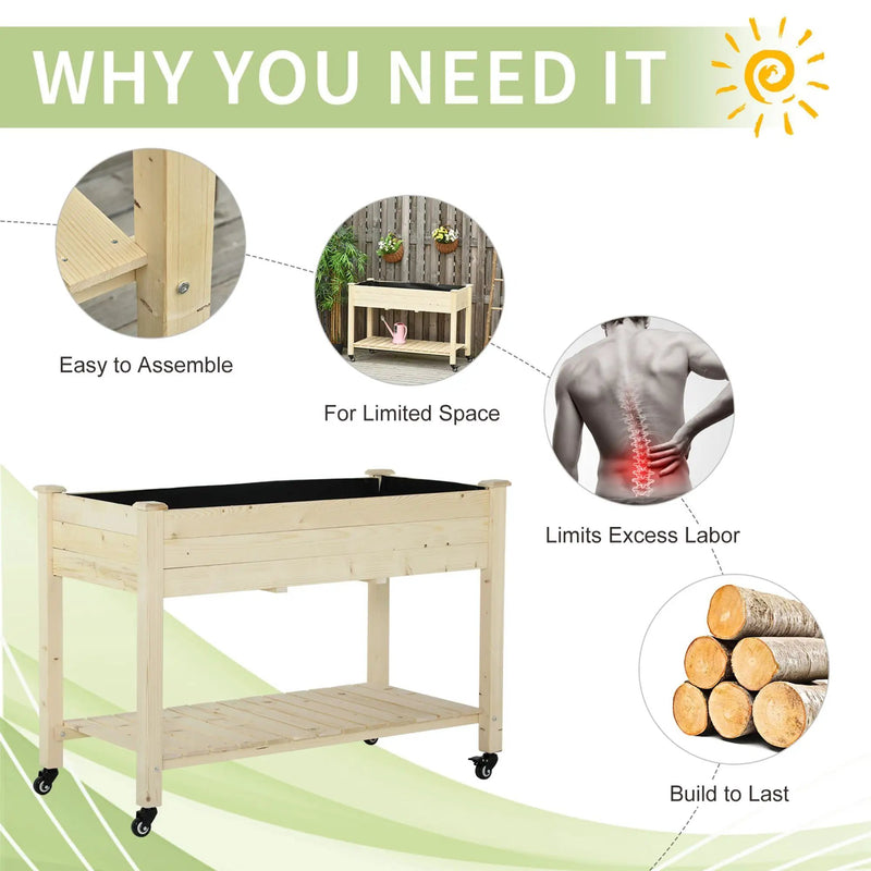 Outsunny - Raised Garden Bed, 47" x 22" x 33", Elevated Wooden Planter Box With Lockable Wheels, Storage Shelf, And Bed Liner For Backyard, Patio - Natural by Unique Piece Furniture