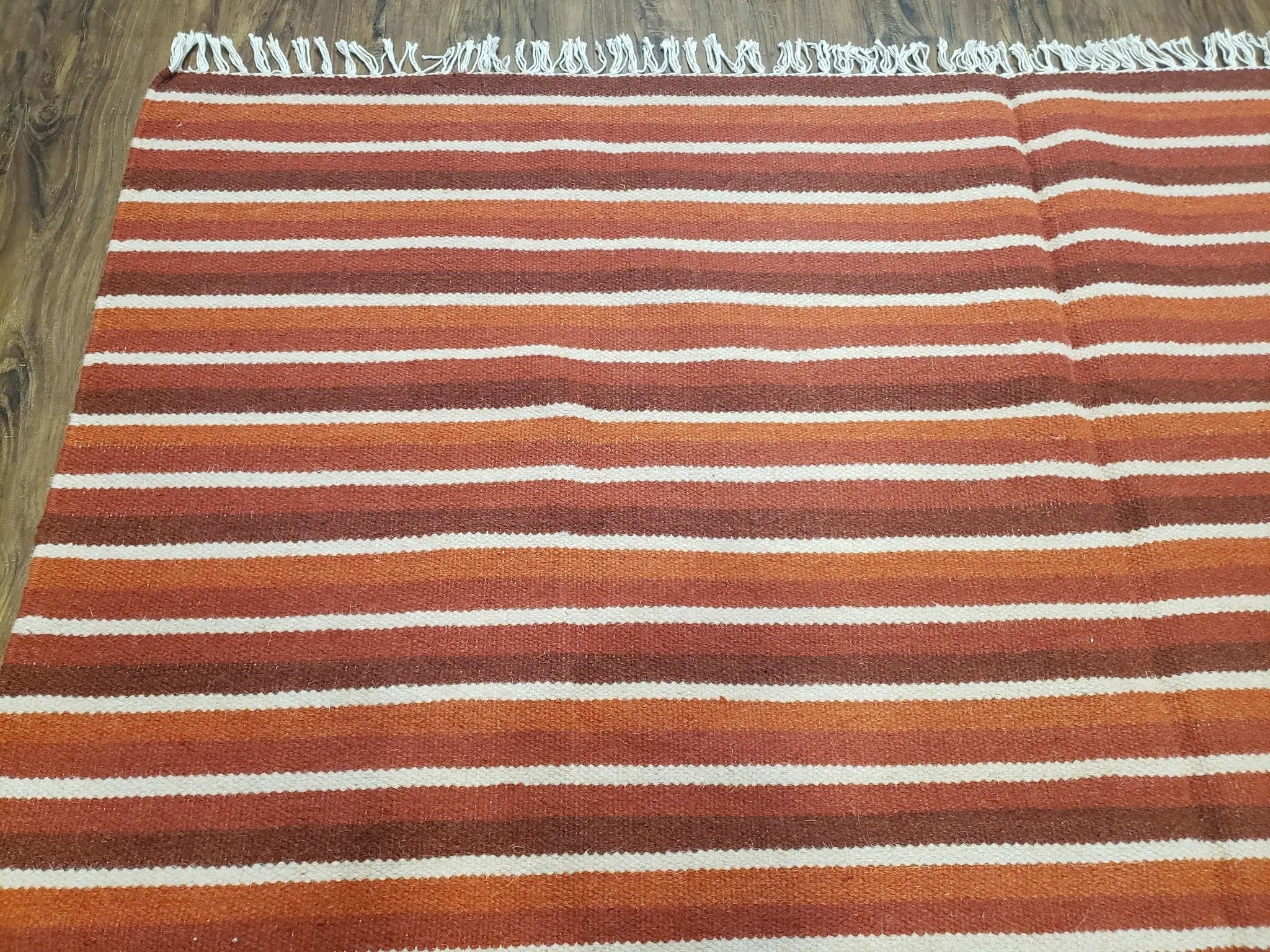 Large Striped Woolen Handmade Throw Blanket, Twin Size Bedding Hand-Woven, Indian Kilim Area Rug, 6x8 - 7x8, South American Style Textile by Jewel Rugs