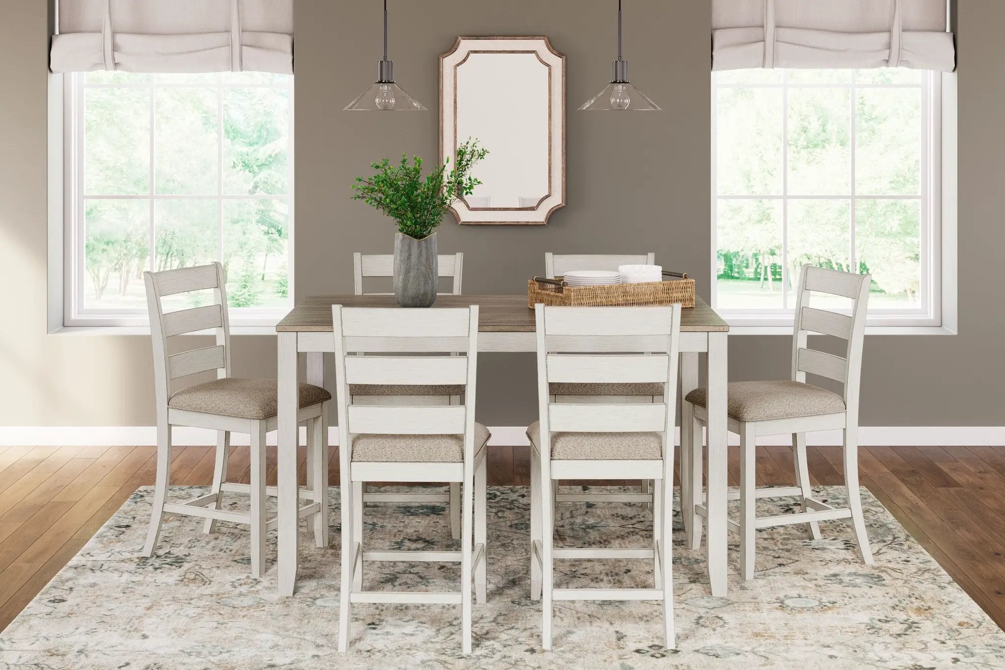 Skempton - Counter Height Dining Table and Bar Stools (Set of 7) - White / Light Brown by Unique Piece Furniture