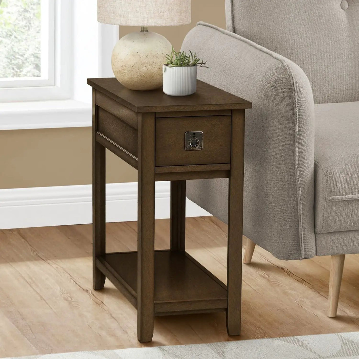 Accent End Table, 2 Tier, Narrow, Lamp, Storage Drawer, Charming Design by Unique Piece Furniture
