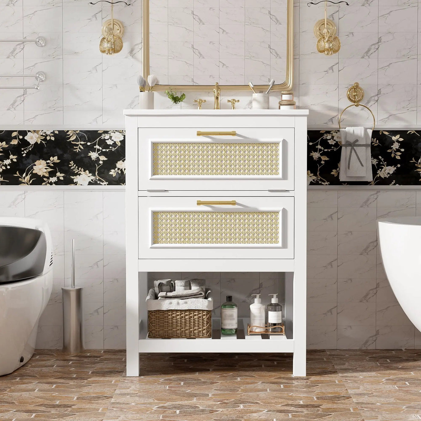 Modern Bathroom Vanity With Integrated Sink, Cabinet With 1 Deep Drawer And 1 Tip-Out Drawer by Unique Piece Furniture