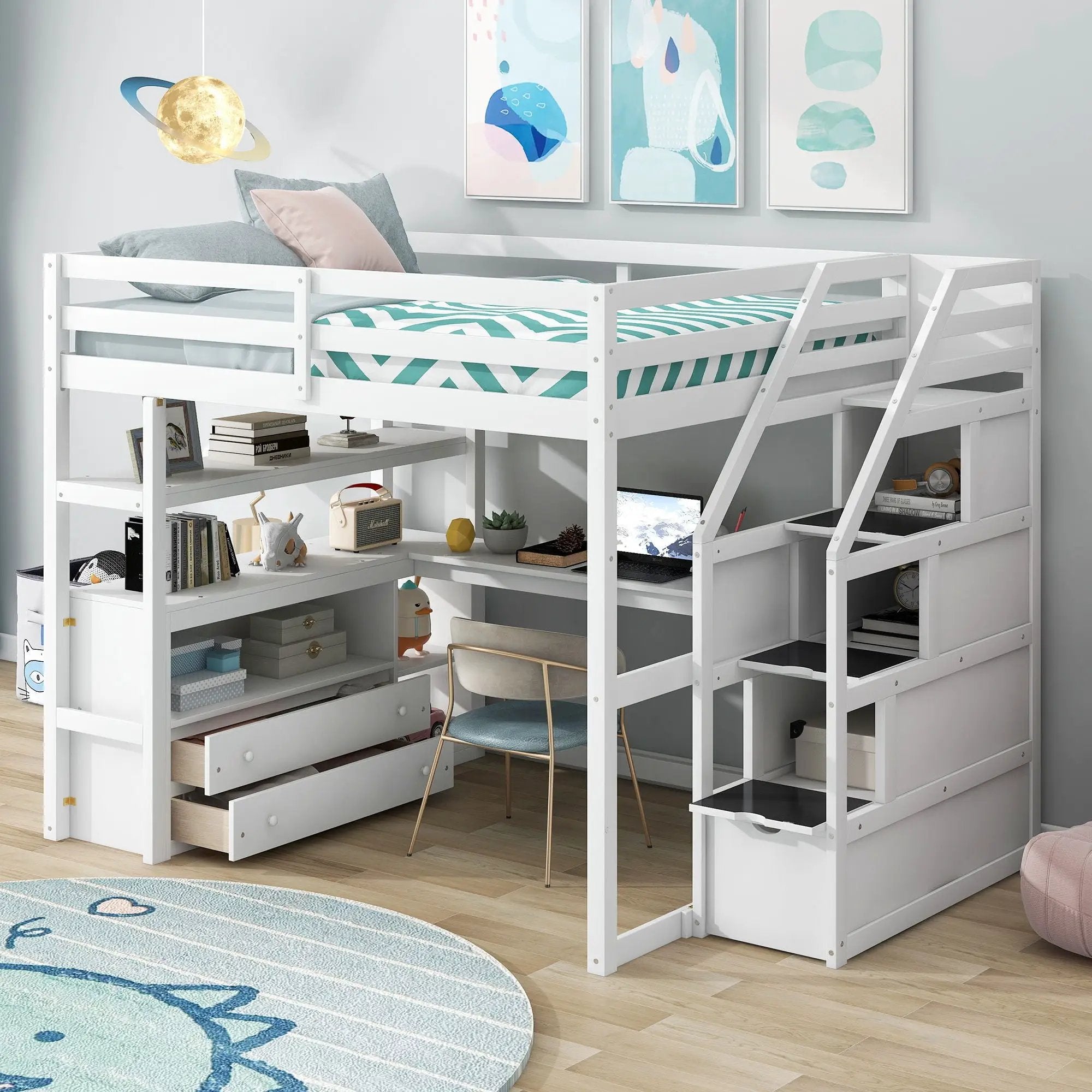Loft Bed With Desk, Shelves, 2 Drawers, Storage Staircase by HouseOfZazla