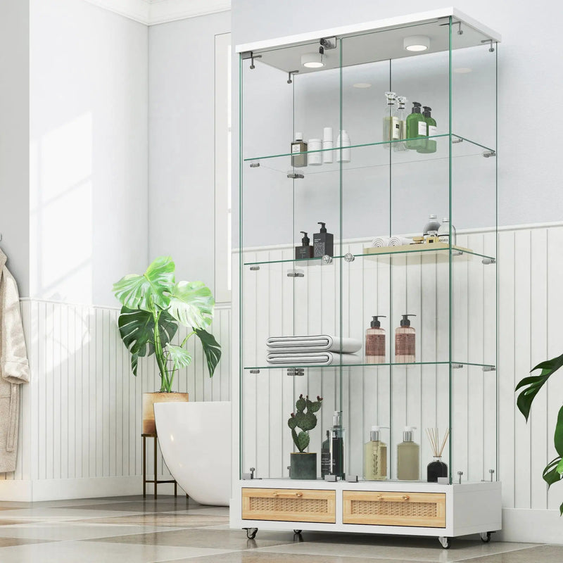Glass Display Cabinet With LED Lights, Tempered Glass Doors, Large Drawers, 2 Door Storage Case With 4 Shelves - Natural / White by Unique Piece Furniture
