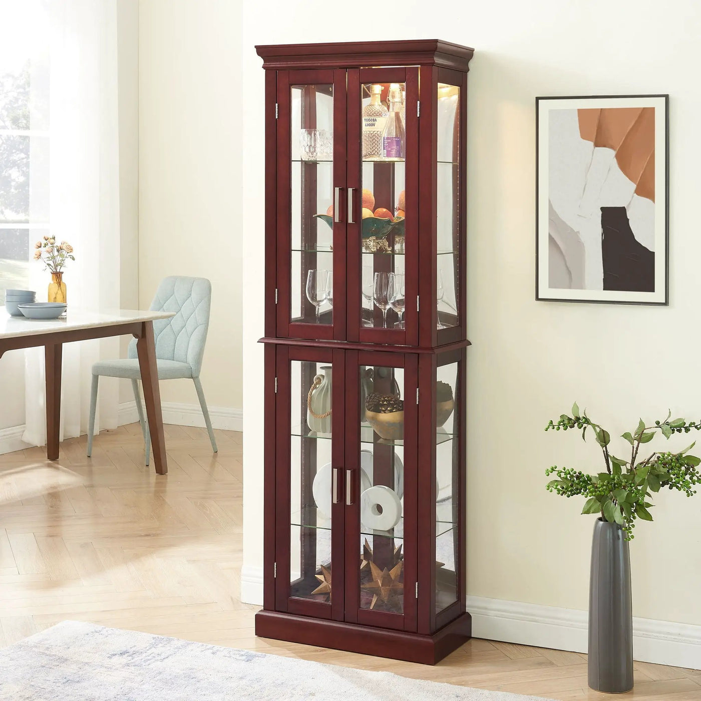 Curio Cabinet Lighted Curio Diapaly Cabinet With Adjustable Shelves And Mirrored Back Panel, Tempered Glass Doors (6 Tier), (E26 Light Bulb Not Included) by Unique Piece Furniture