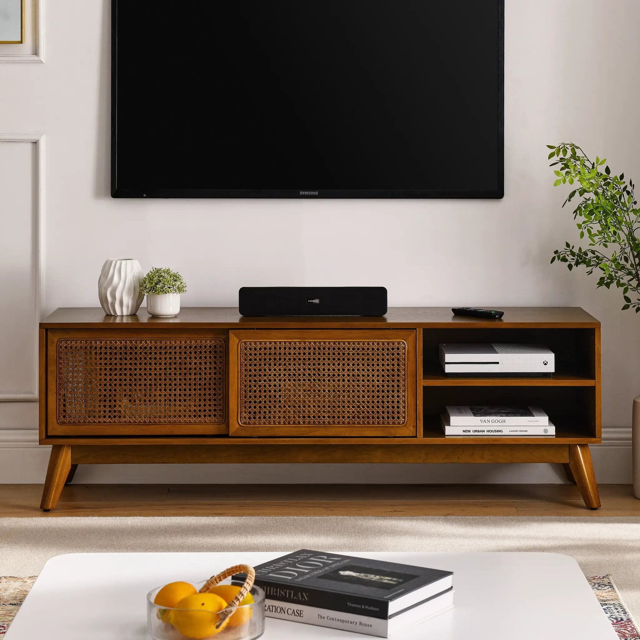 59 Inch Mid Century Modern Rattan TV Stand by BLAKHOM