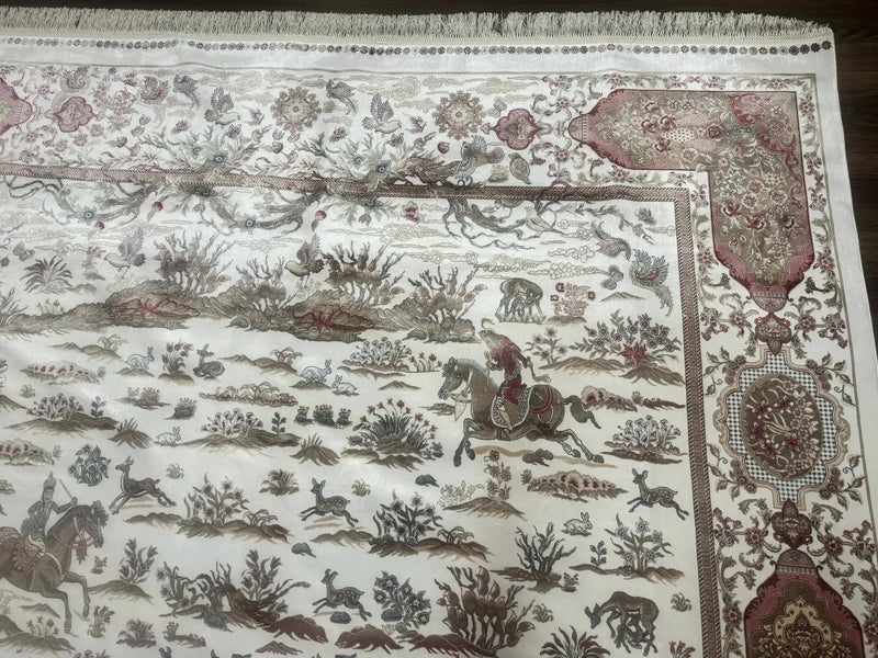 Large Turkish Silk Rug 8x10, Ivory, Hunting Design, Bamboo Silk, New by Jewel Rugs