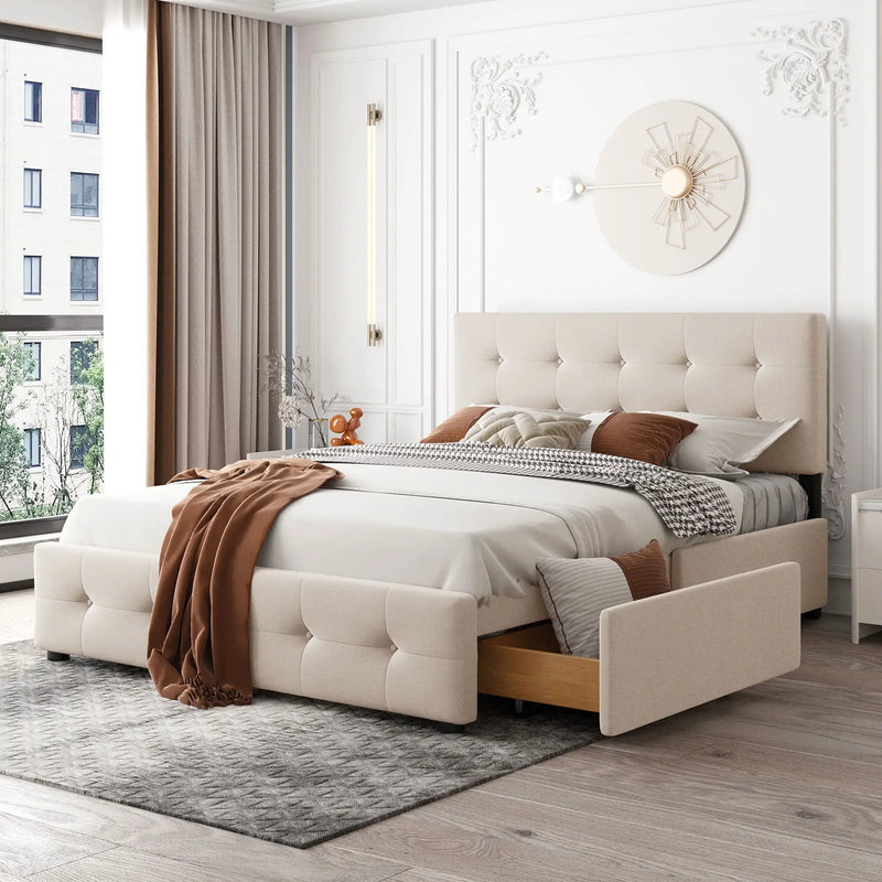 Upholstered Platform Bed With Classic Headboard And Drawers, No Box Spring Needed by HouseOfZazla