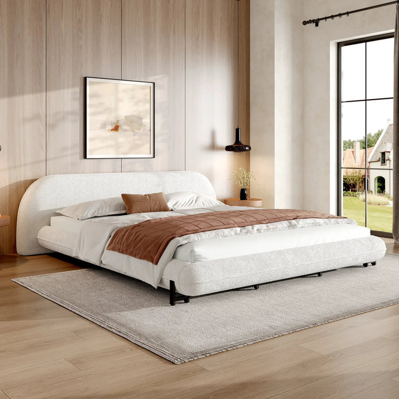 California King Size Bed Frame with Boucle Fabric and Thick Headboard by HouseOfZazla