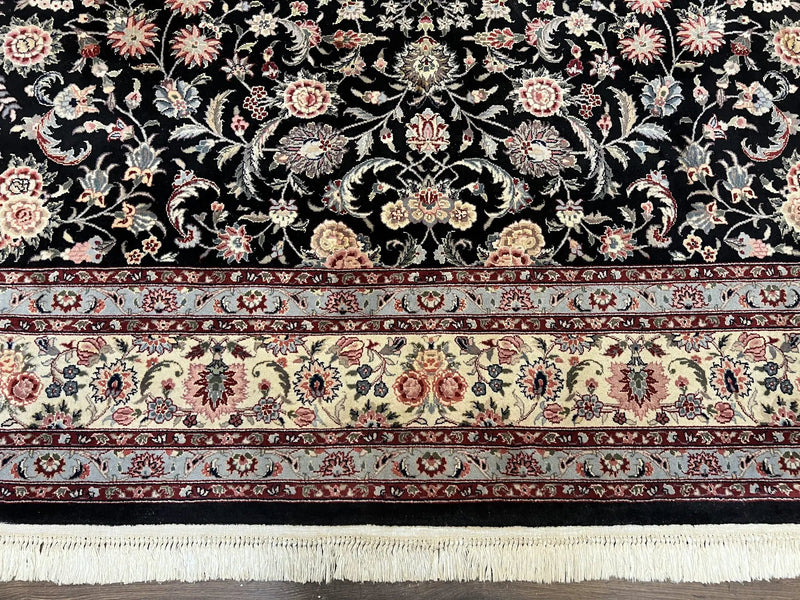 Pak Persian Rug 9x12, Floral Allover, Hand Knotted Oriental Carpet 9 x 12 ft, Black and Cream, Detailed, Wool with Silk Highlights, Vintage by Jewel Rugs