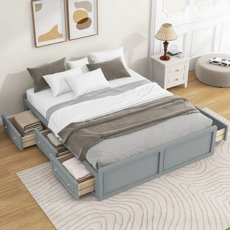 Queen Size Platform Bed Frame With 6 Drawers - Gray by HouseOfZazla