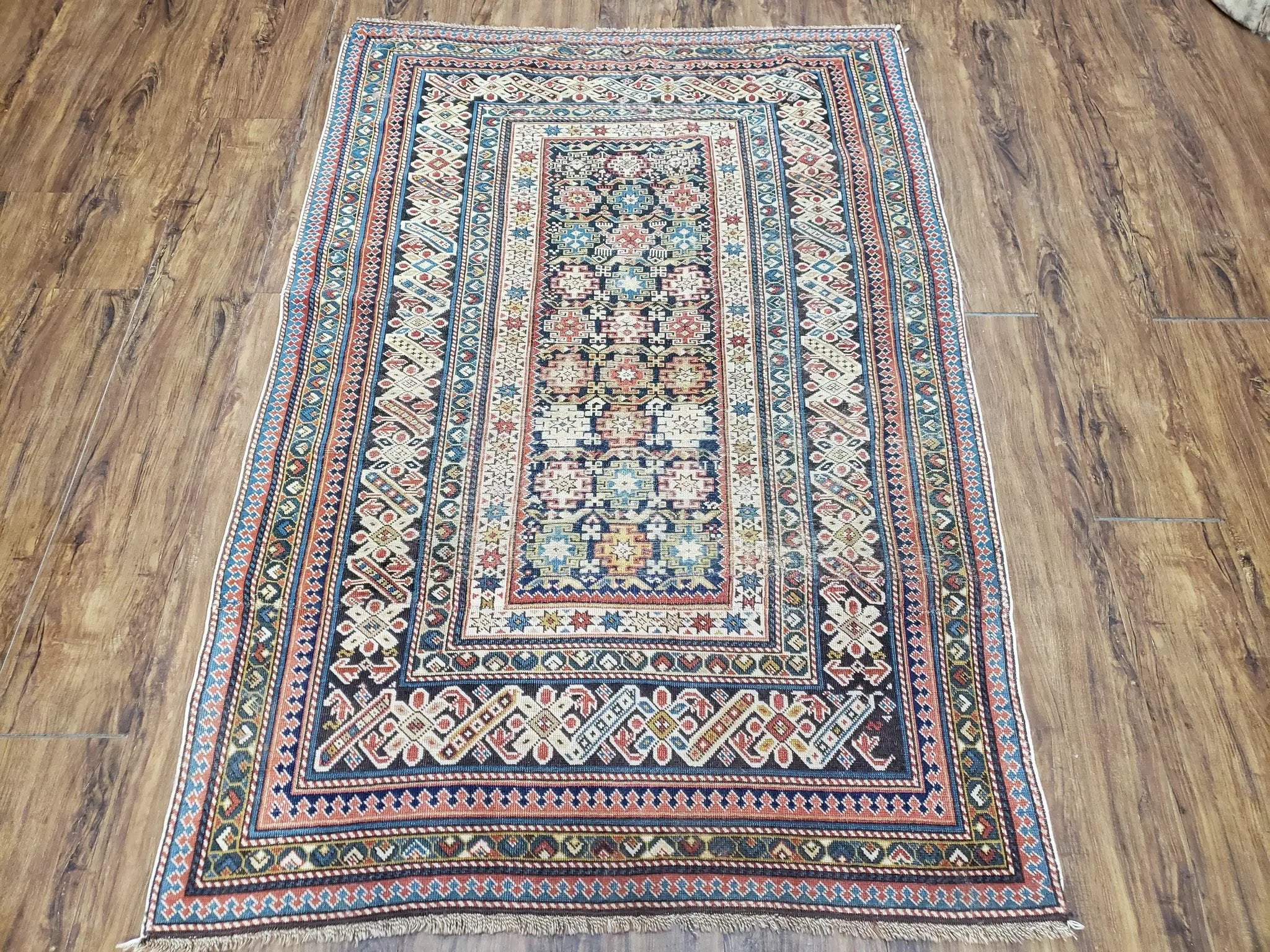 Caucasian Rug 3'9" x 5'7", Antique 1920s Collectible Caucasian Chi Chi Carpet, Hand Knotted, Colorful, Dark Blue Cream Red, Wool, Small Rug by Jewel Rugs
