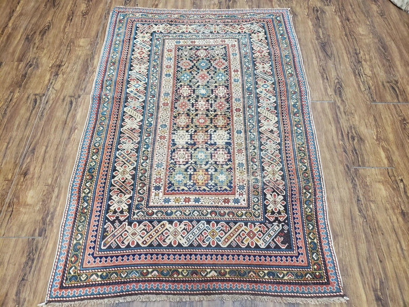 Caucasian Rug 3'9" x 5'7", Antique 1920s Collectible Caucasian Chi Chi Carpet, Hand Knotted, Colorful, Dark Blue Cream Red, Wool, Small Rug by Jewel Rugs