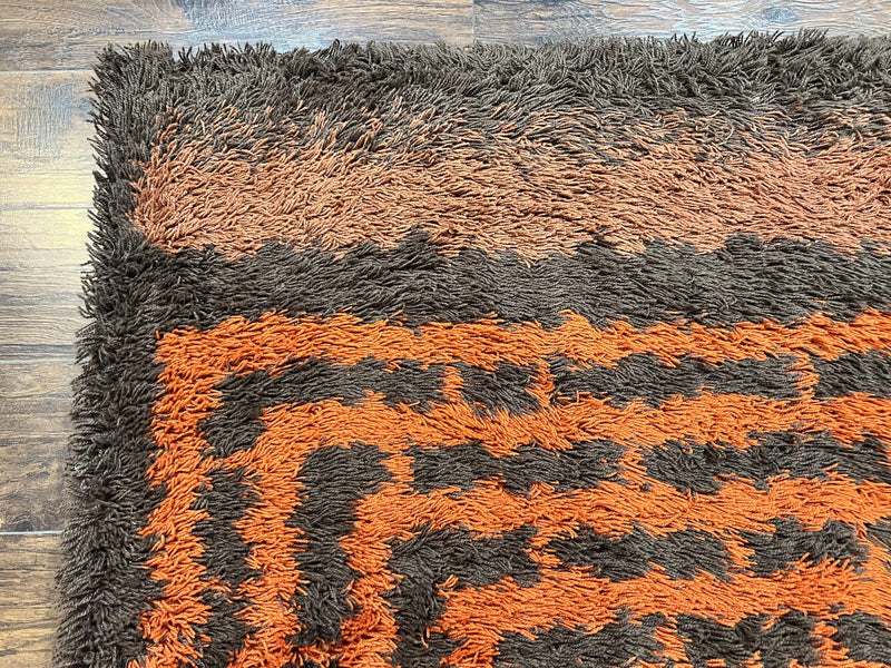 Vintage Rya Shag Rug 4.6 x 6.6, Abstract Design, Brown and Orange, Mid Century Danish Rya Carpet by Jewel Rugs