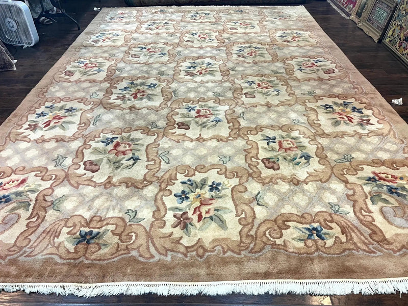 Indo Chinese Aubusson Wool Rug 11x16, Palace Sized Carpet, Oversized Handmade Vintage Rug, European Design by Jewel Rugs