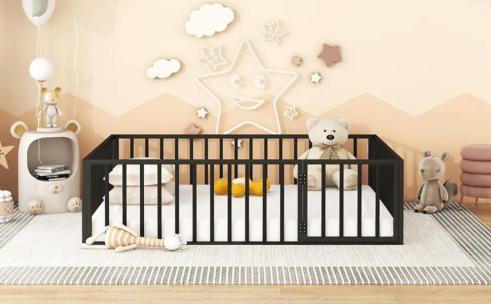 Metal Floor Bed Frame With Fence And Door by HouseOfZazla