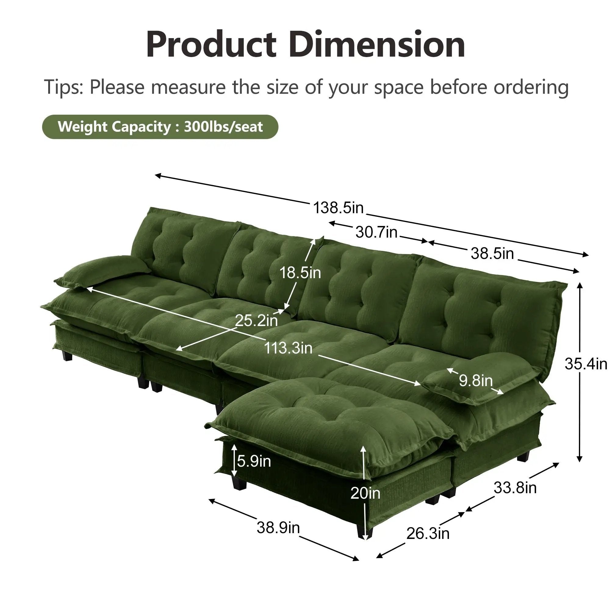 138" L Shaped Modern Sofa Modular Sectional Cloud Couch with Ottoman by HouseOfZazla