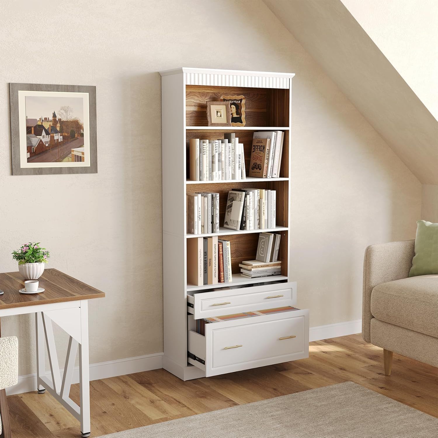 5 Tier White Bookcase With 2 Drawers Storage Organizer For Living Room - White by HouseOfZazla