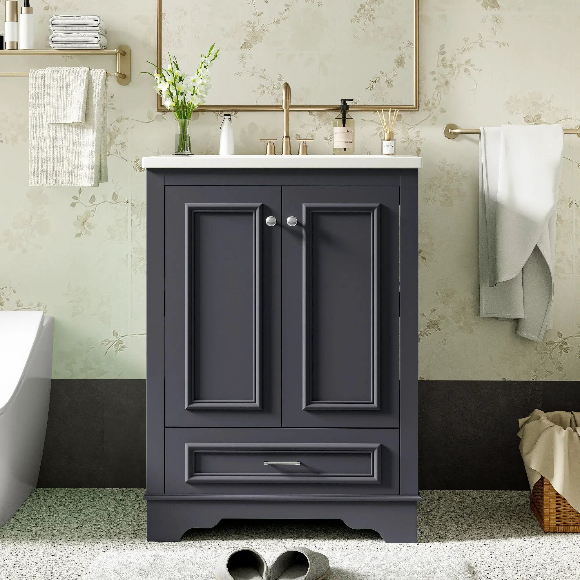 Bathroom Vanity With Ceramic Sink Combo, Modern Freestanding Storage Cabinet With Silver Handles by Unique Piece Furniture