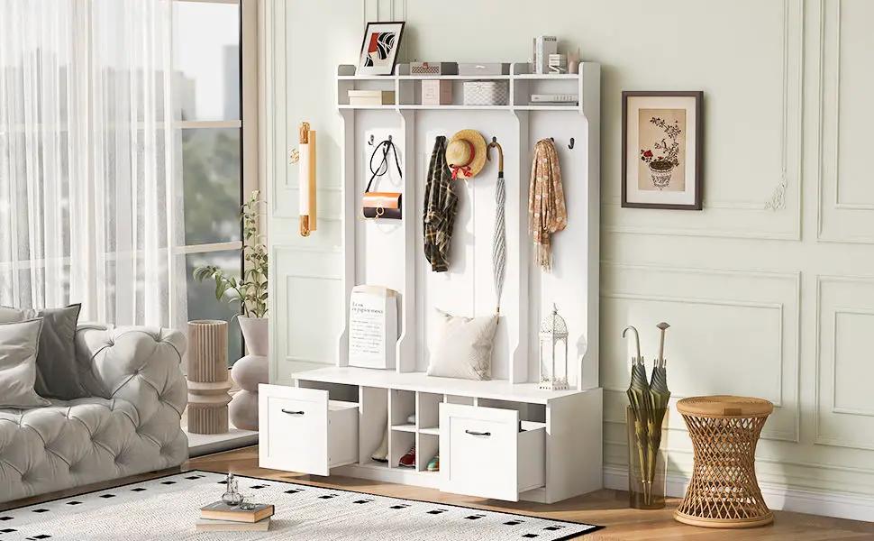 5 In 1 Entryway Bench With Coat Rack, 7 Sturdy Hooks, 2 Spacious Drawers And Adjustable Shelves by HouseOfZazla