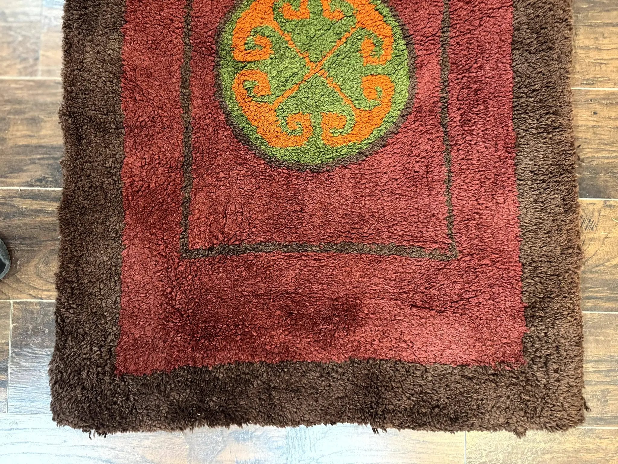 German Hooked Runner Rug 3x8, Vintage, Red, Wool by Jewel Rugs