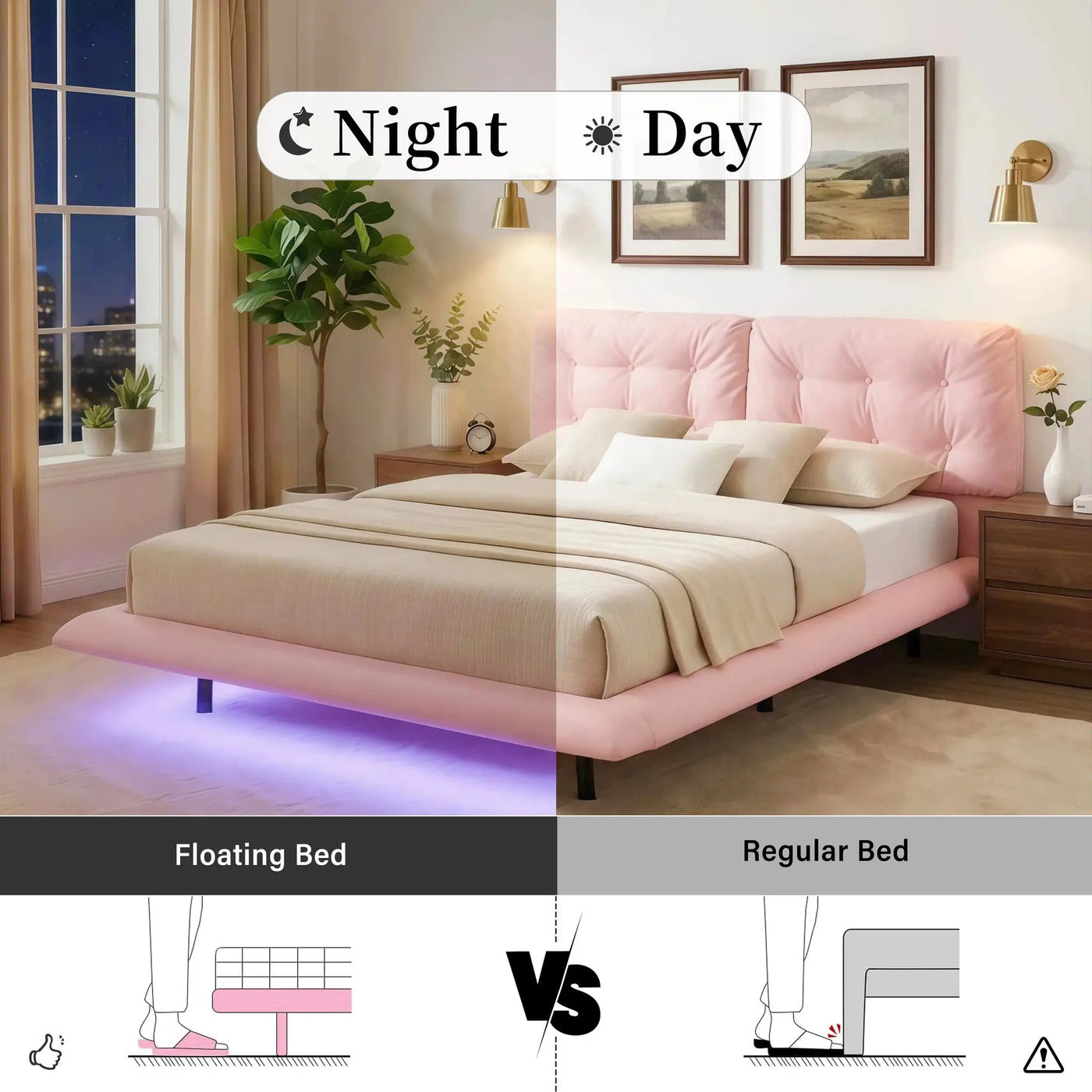 Queen Size Upholstered Floating Bed Frame with LED Lights by HouseOfZazla