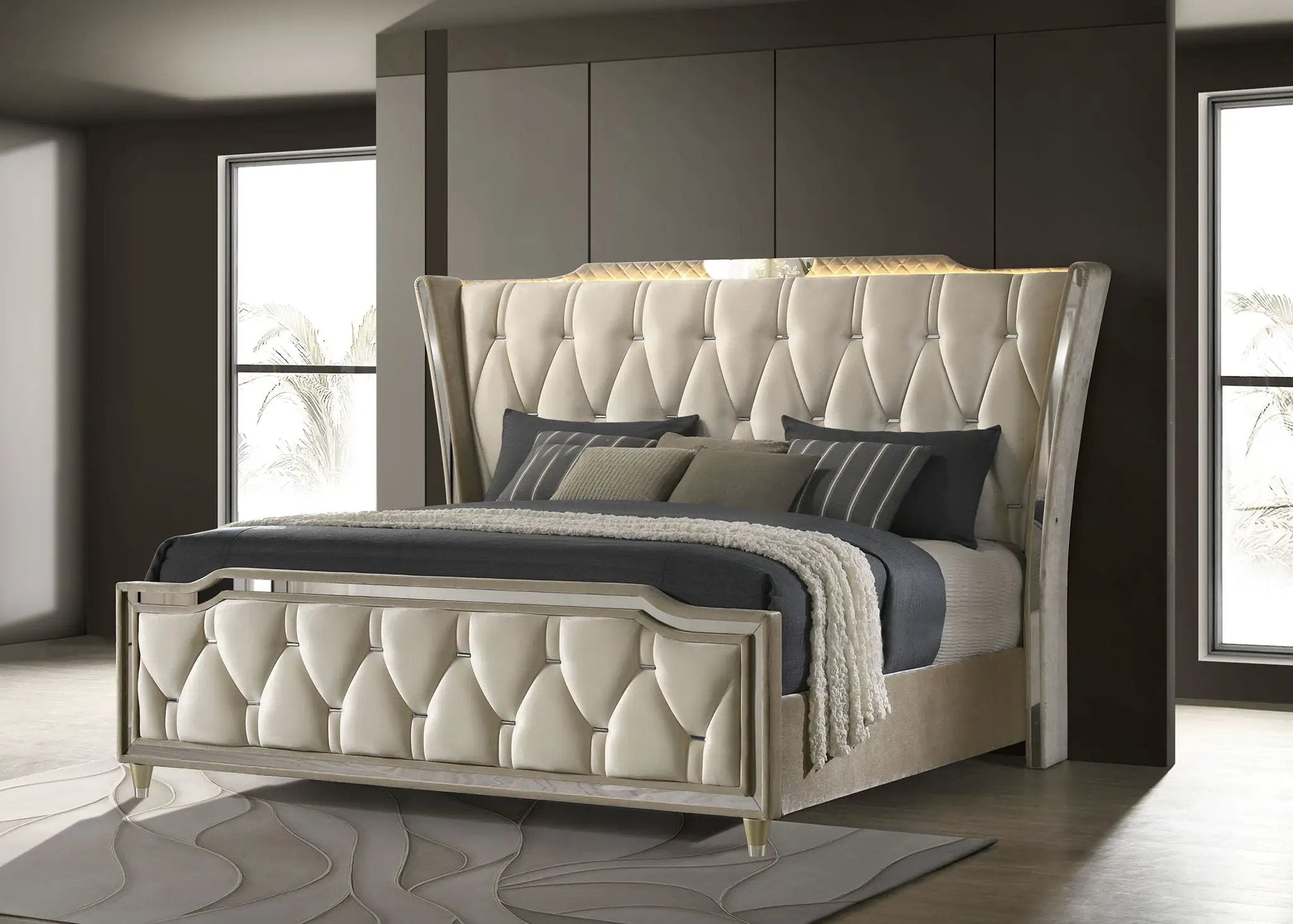 Lorient Eastern King LED Upholstered Bed Ivory and Camel by Unique Piece Furniture