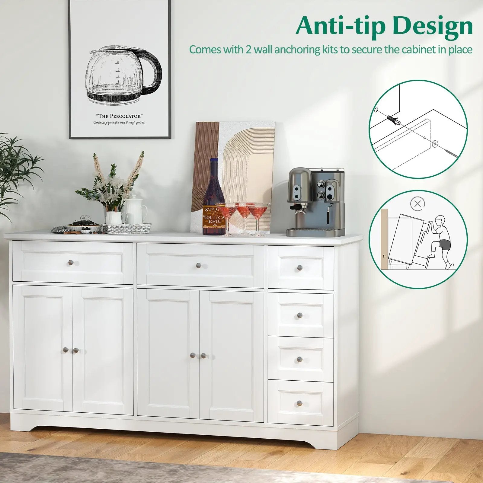 Buffet Sideboard 59" Modern Coffee Bar Station Console Table-White by DirectDeals