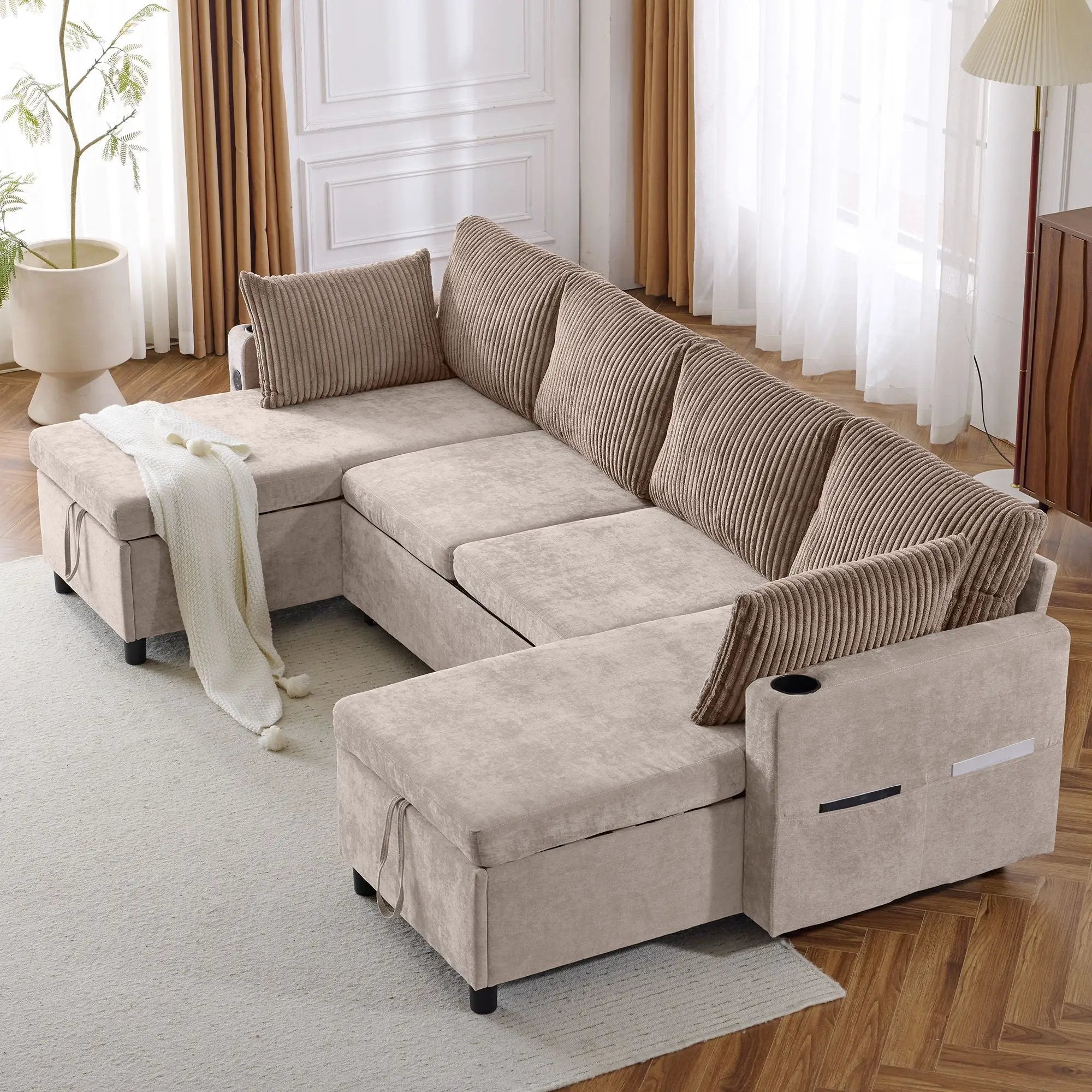 Sectional Sofa Bed With Pull Out Sleeper, USB Ports, Cup Holders by HouseOfZazla