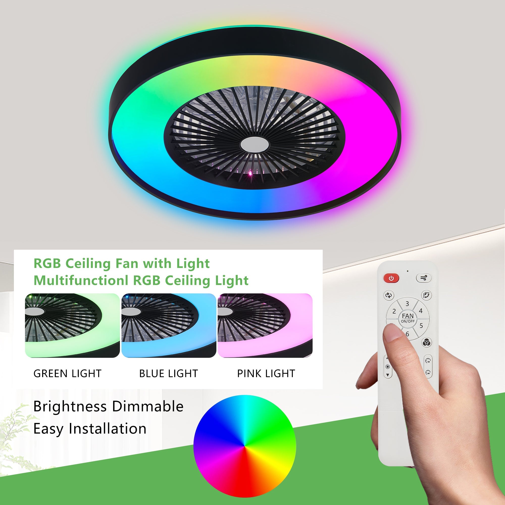 23-Inch Black and White Ceiling Fan Light with LED RGB by HouseOfZazla