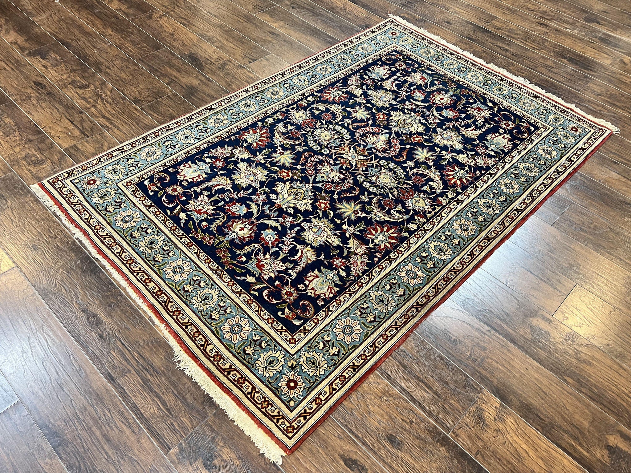 Blue Persian Qum Rug 5x7, Very Fine and Wonderful Authentic Persian Carpet, Wool Hand Knotted Vintage Semi Antique Oriental Rug, Floral, Ghom Qom Rug by Jewel Rugs