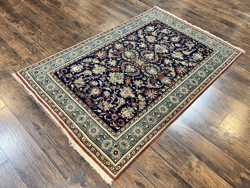 Blue Persian Qum Rug 5x7, Very Fine and Wonderful Authentic Persian Carpet, Wool Hand Knotted Vintage Semi Antique Oriental Rug, Floral, Ghom Qom Rug by Jewel Rugs