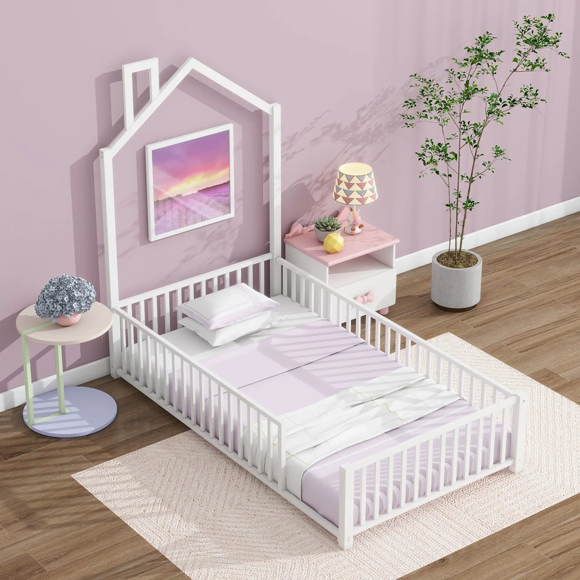 Metal House Platform Bed With Guardrail And Chimney by HouseOfZazla