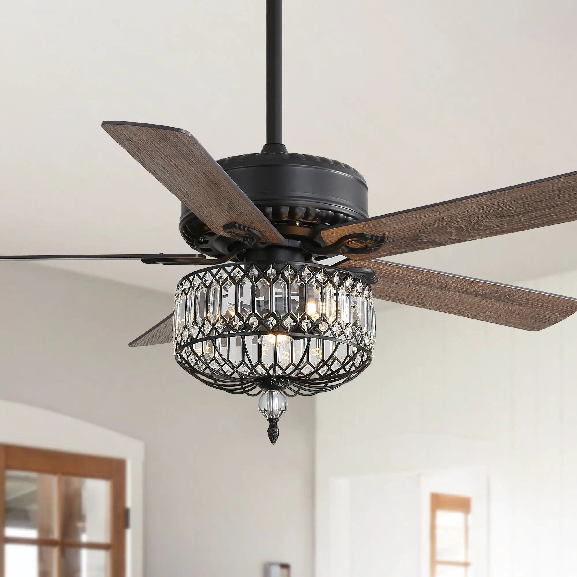 Ceiling Fan With Crystal Lampshade, 5 Blades, DC Motor, 6 Speed Remote Control, 1 / 4 / 8 Hour Timer - Black by Unique Piece Furniture