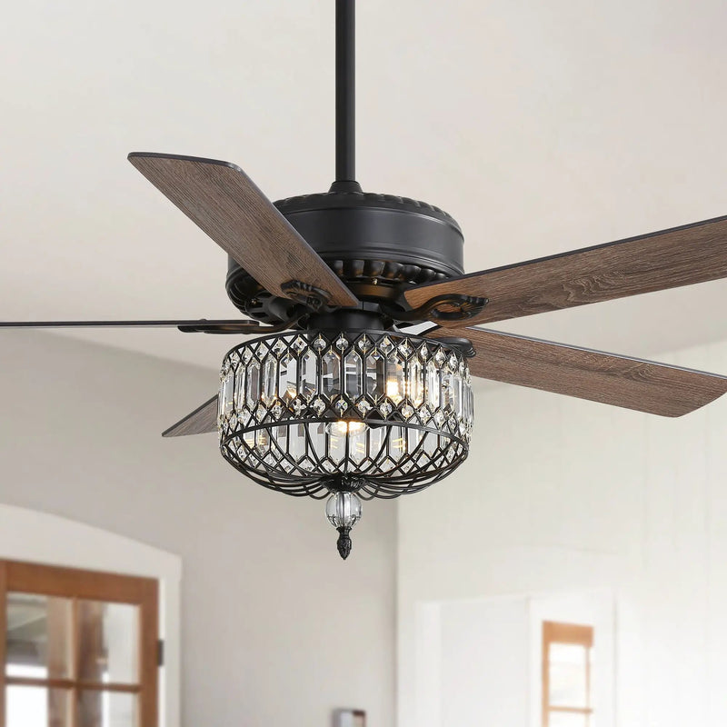 Ceiling Fan With Crystal Lampshade, 5 Blades, DC Motor, 6 Speed Remote Control, 1 / 4 / 8 Hour Timer - Black by HouseOfZazla