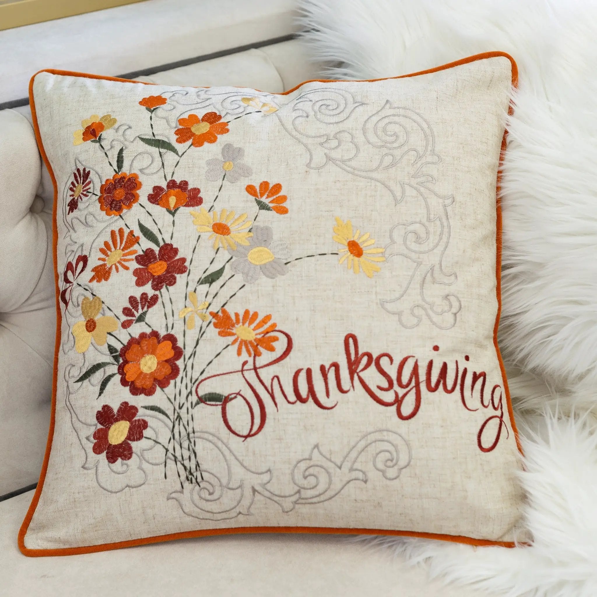 Thanksgiving Embroidered Floral Throw Pillow – Autumn Harvest Accent Cushion Set of 2 by HouseOfZazla